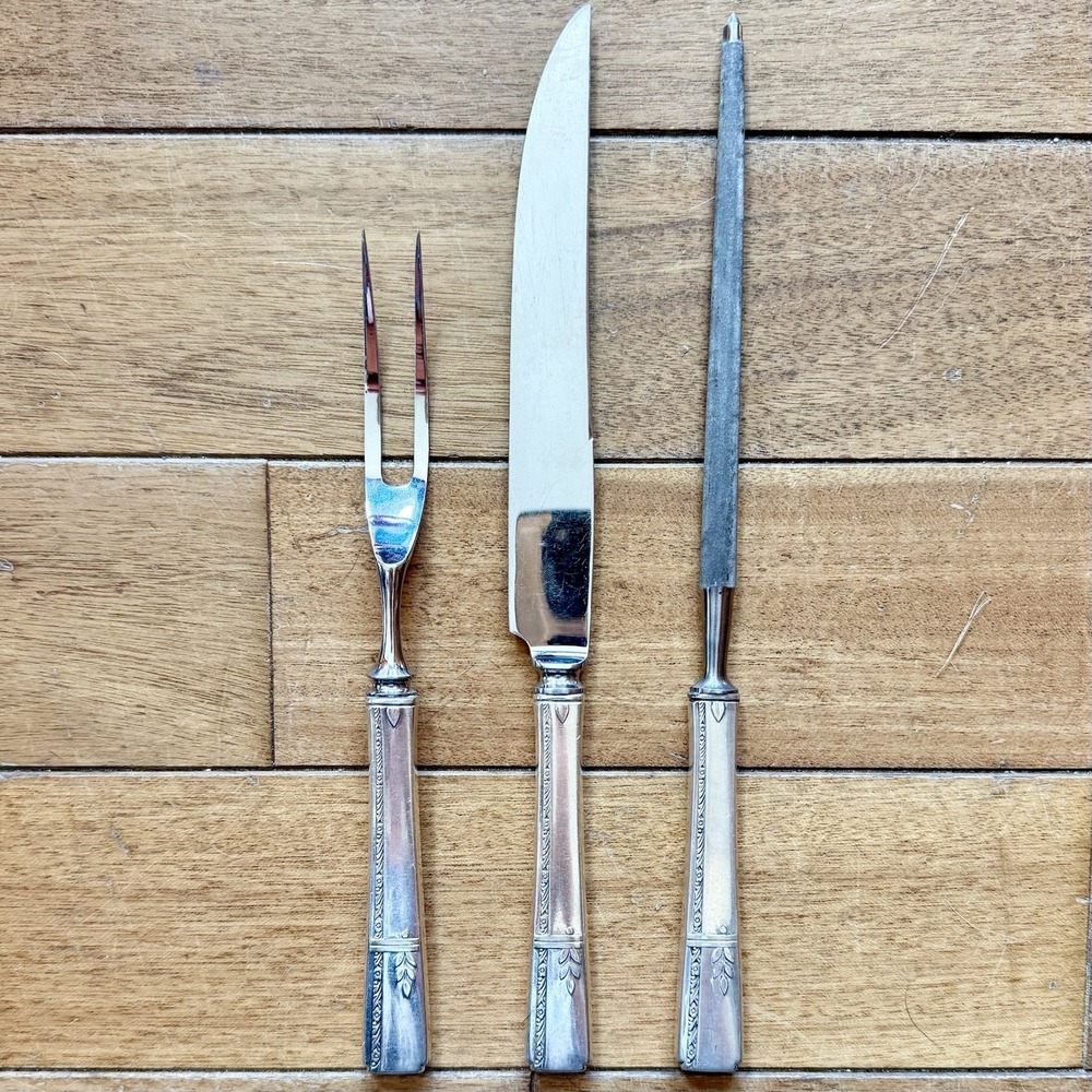 3pc VTG Antique 30s Oneida Prestige GRENOBLE Silverplate Carving Set Sharpener